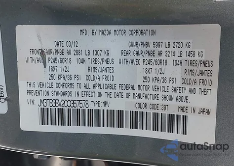 2012 Mazda Cx-9 from USA, damaged, VIN JM3TB3BV2C0357578
